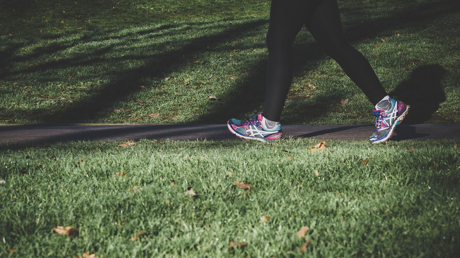 photo shows the legs of someone walking or running on a path in a park