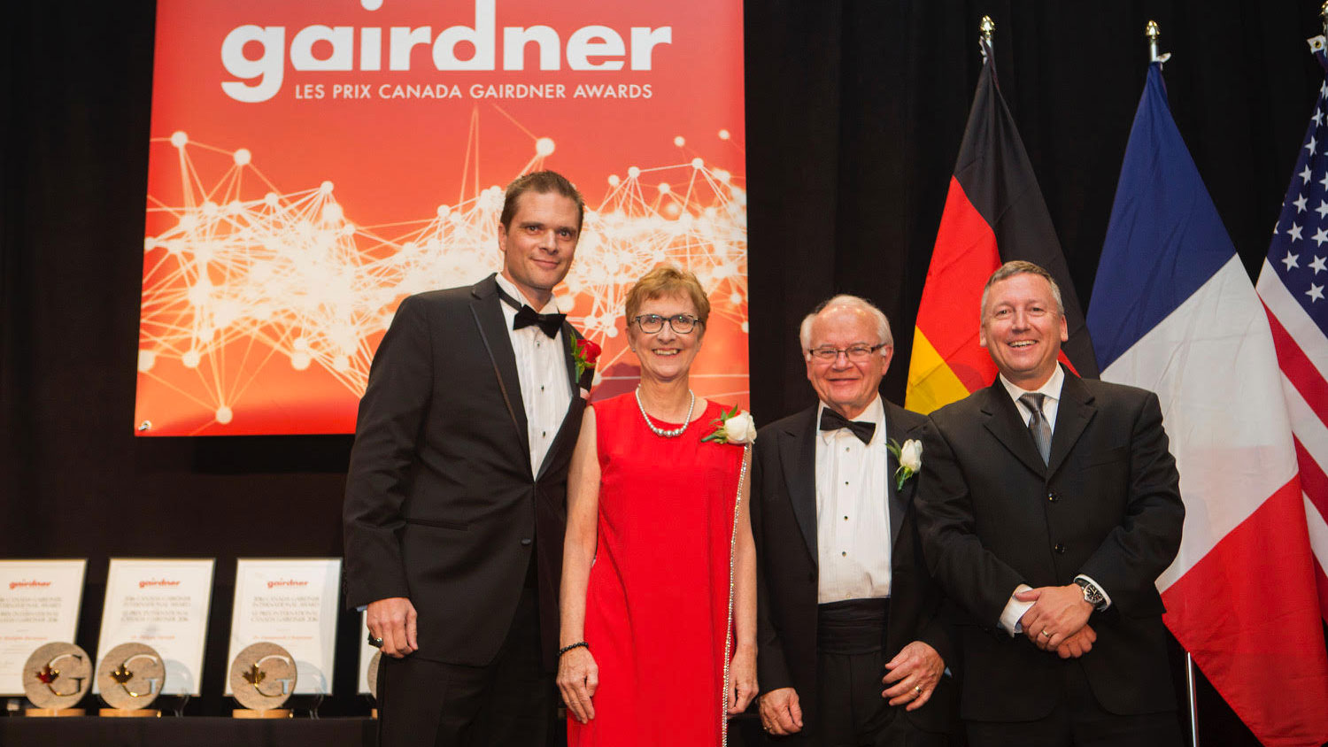 Dr. Rodolphe Barrangou with Dr. Janet Rossantand, Gairdner president and scientific director; Dr. Lorne Tyrrell, chair of the Gairdner board of directors; and CALS Dean Richard Linton at the award ceremony in Toronto.