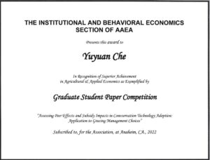 AAEA Institutional and Behavioral Economics Section Graduate Student Paper Competition award certificate for Yuyuan Che