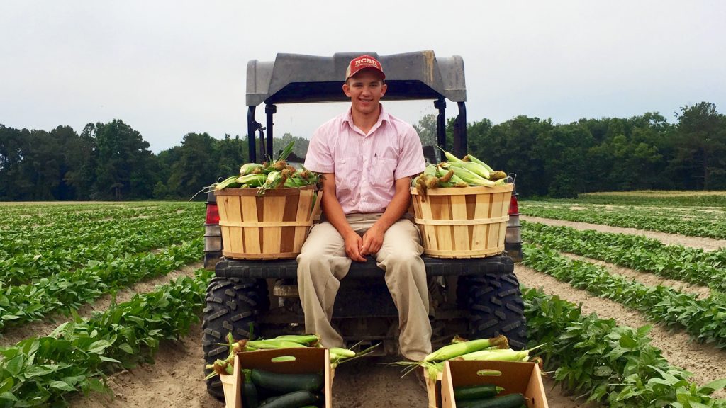 NC State College of Agriculture and LIfe Sciences student Collin Blalock sits on the back of a tractor with in a field. He is surrounded by bushels of produce.