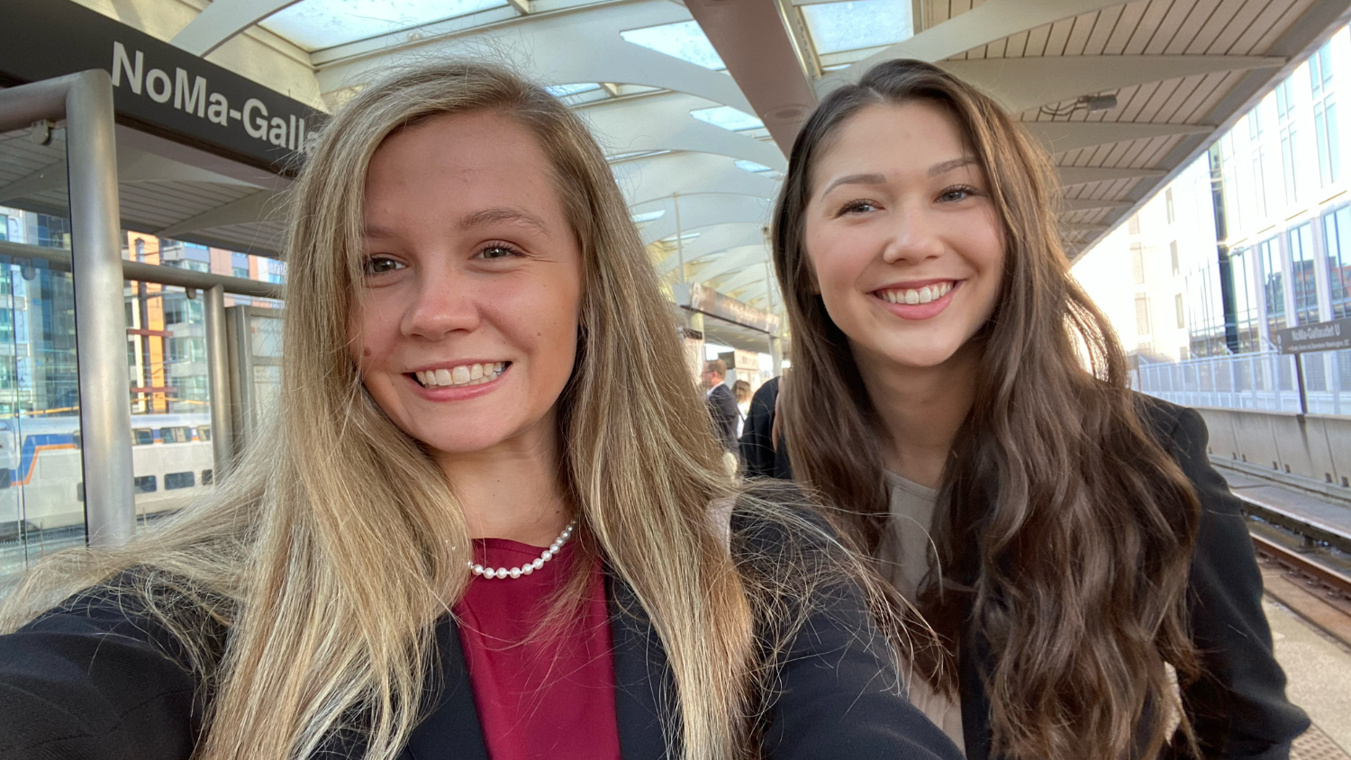 two female CALS students taking a selfie in Washington, D.C.