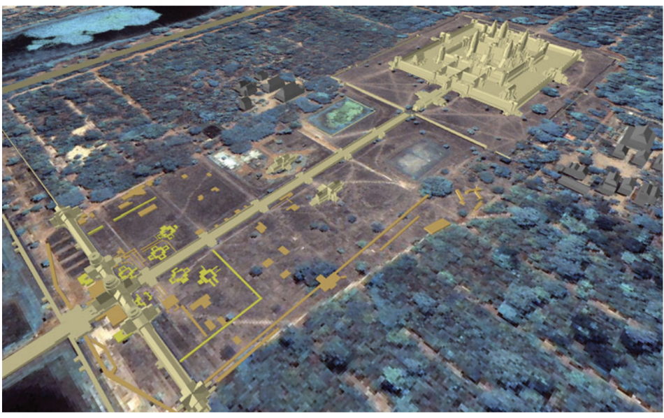 Overview from Sonneman and colleagues of the location of the very ancient buried towers (yellow, at left) of Angkor Wat relative to the slightly less ancient temple (tan/golden, at right) of Angkor Wat (built in the mid-twelfth century CE).