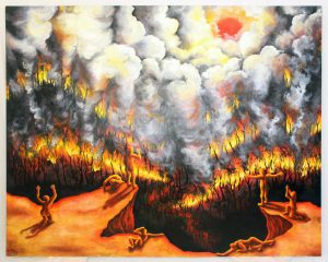 “Fire,” (2020) Oil on masonite, 4 x 5 ft. ​From Eleanor Olson.