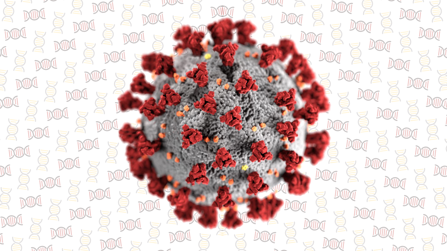 The COVID-19 diagram set atop a genetics-themed background