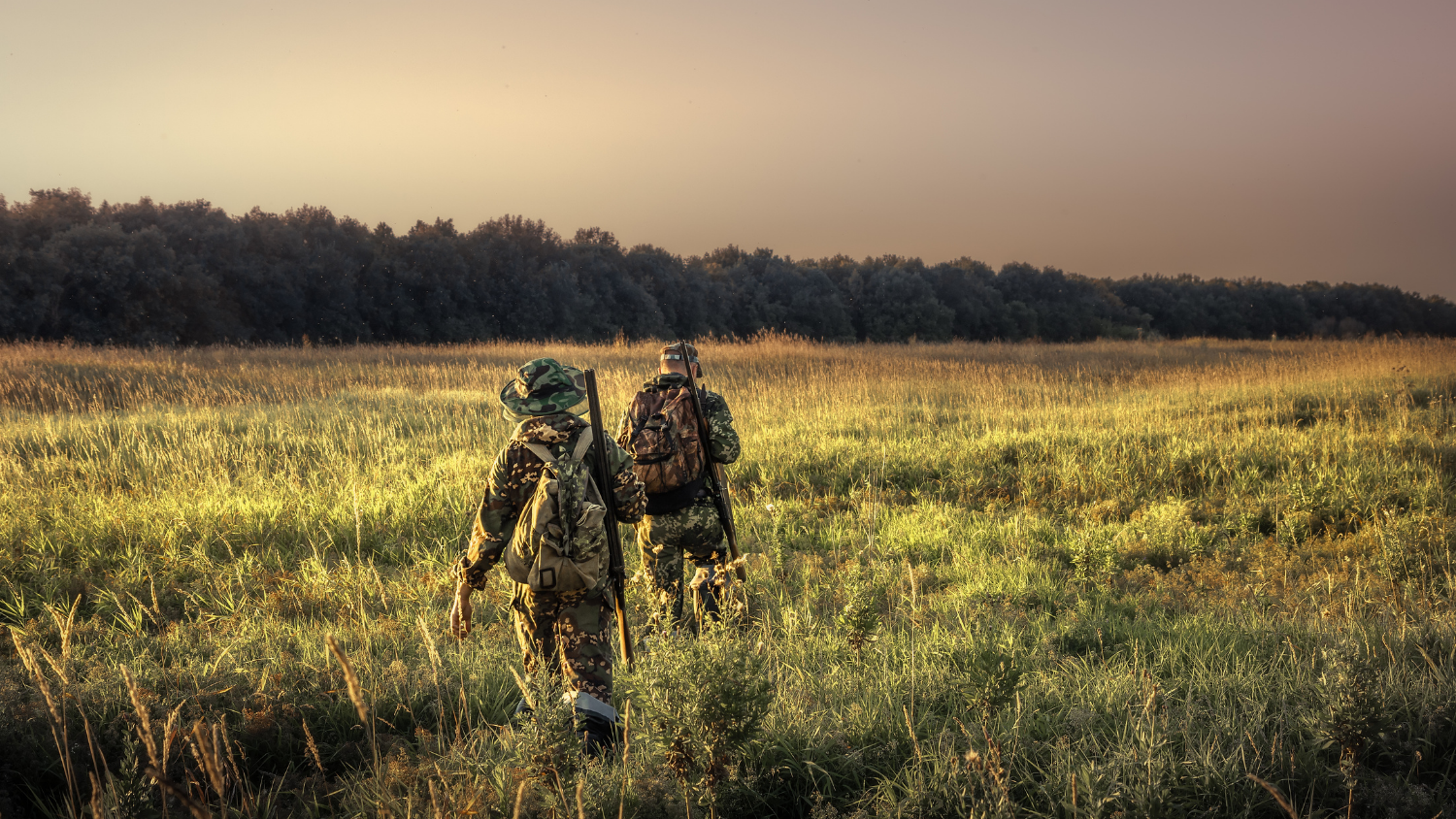 Hunters moving through a thick grass field