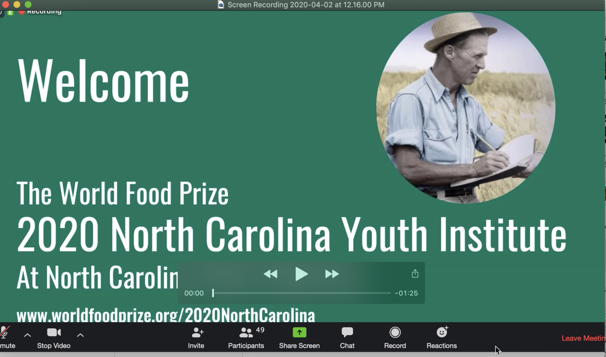 A green title slide of a presentation about the NC Youth Institute