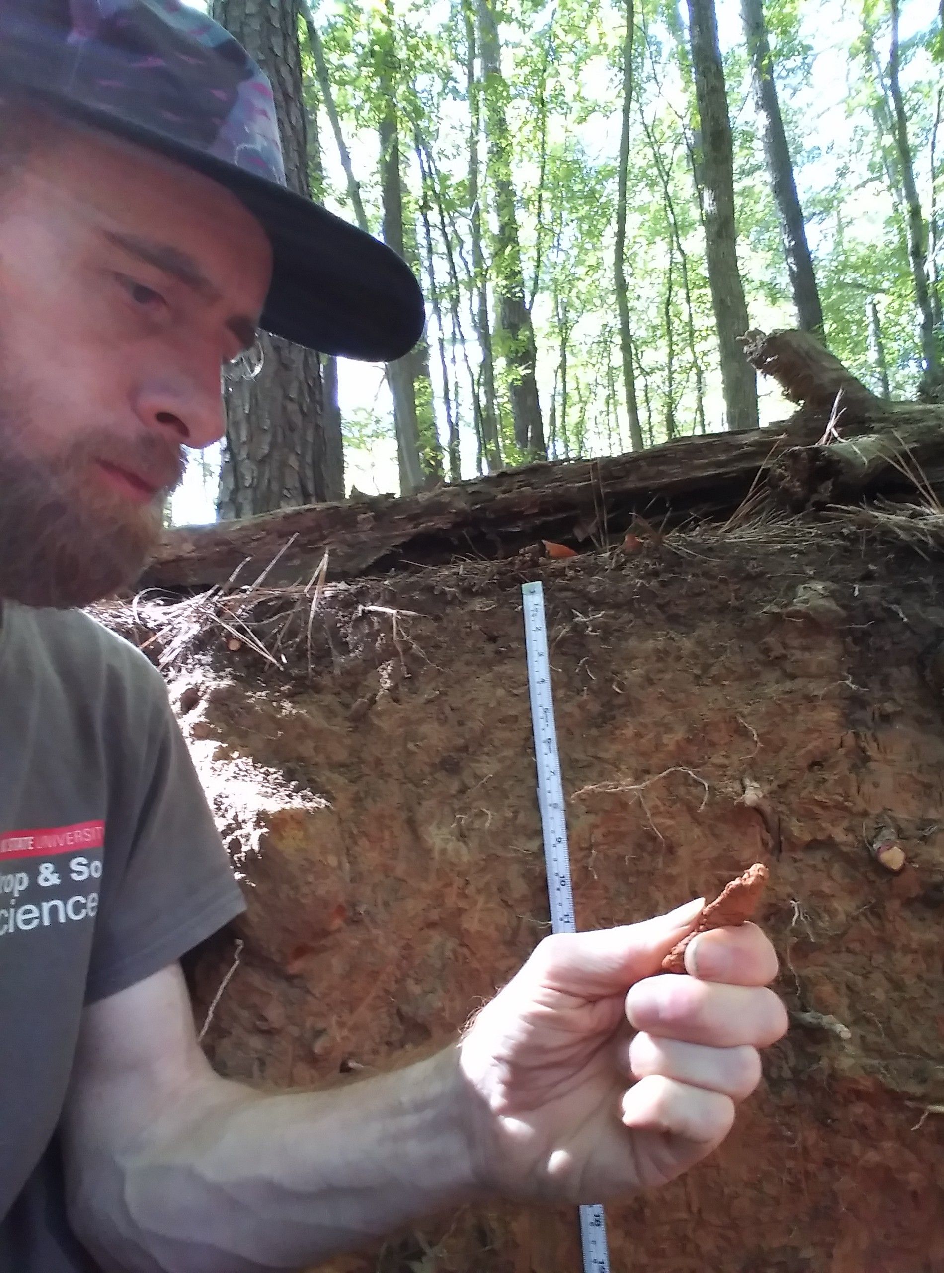 Student handles soil sample outdoors