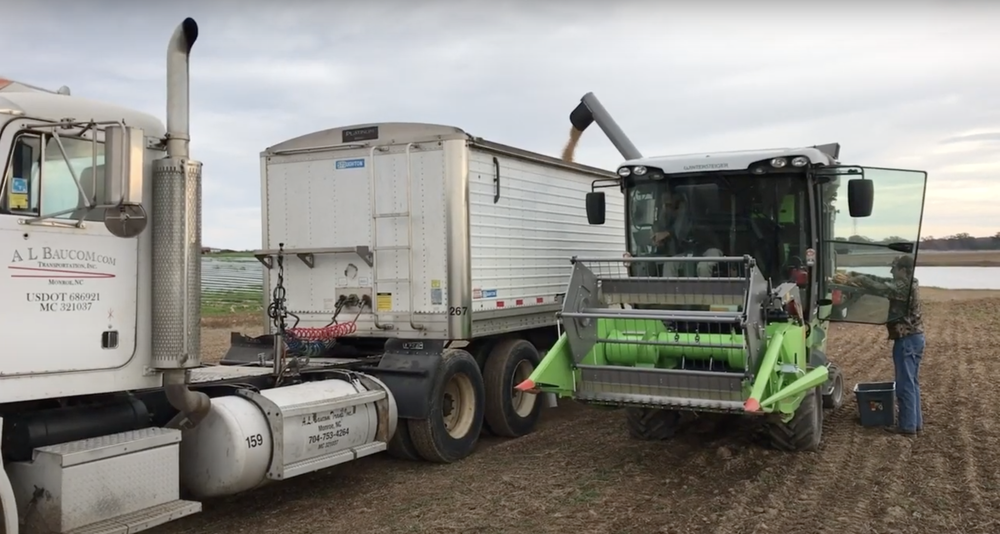 A combine offloads soybeans into a truck