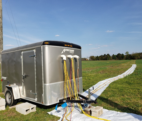 Metal trailer fitted with farm measurement cables