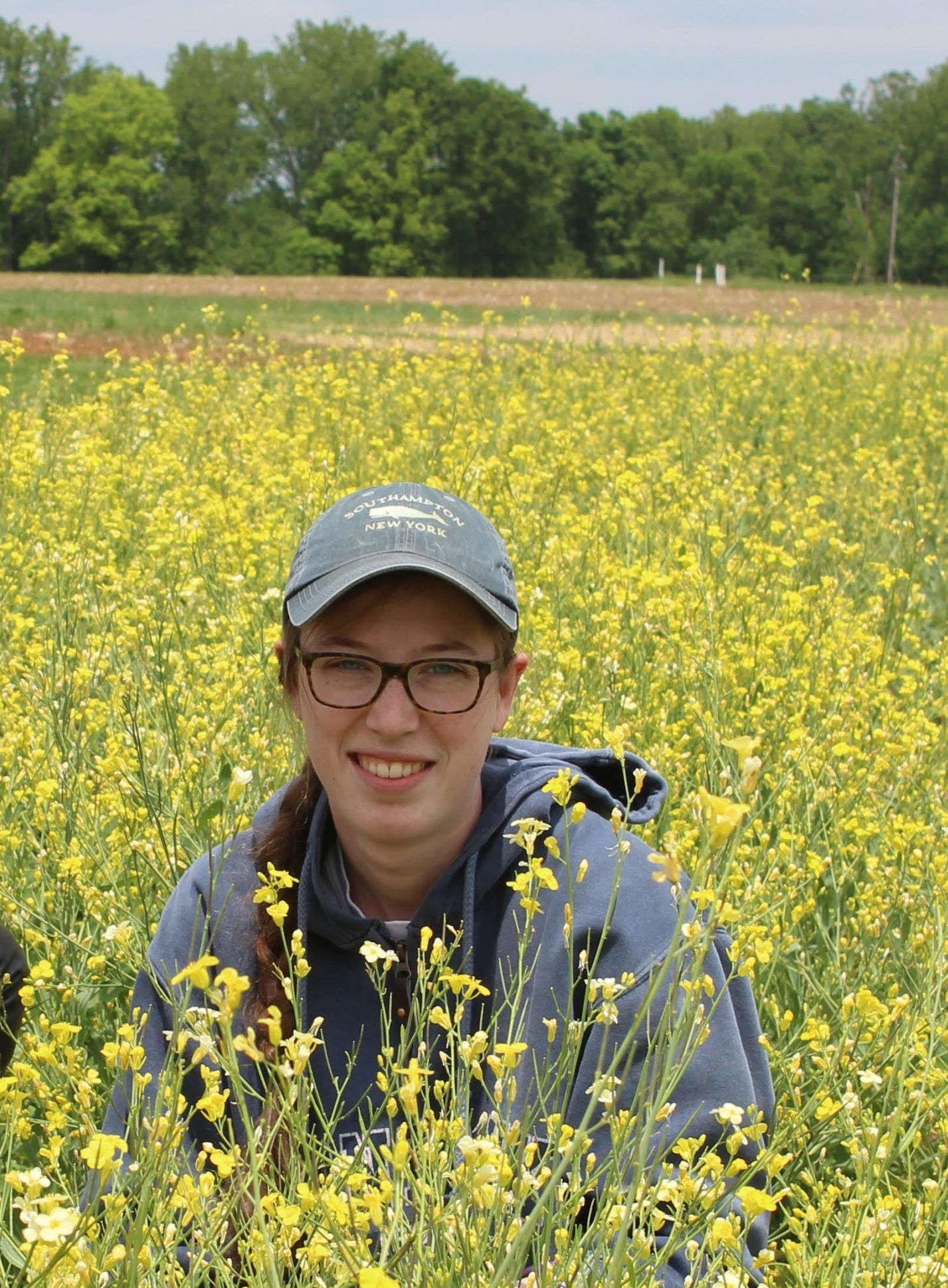 Woman in a blue hat kneels in a field of yellow flowers