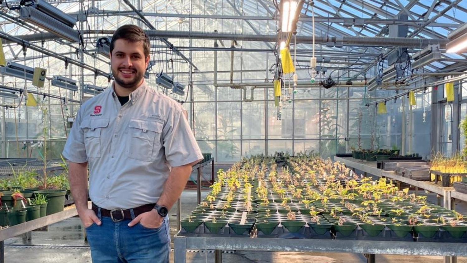 Weed science student stands in a NC State greenhouse