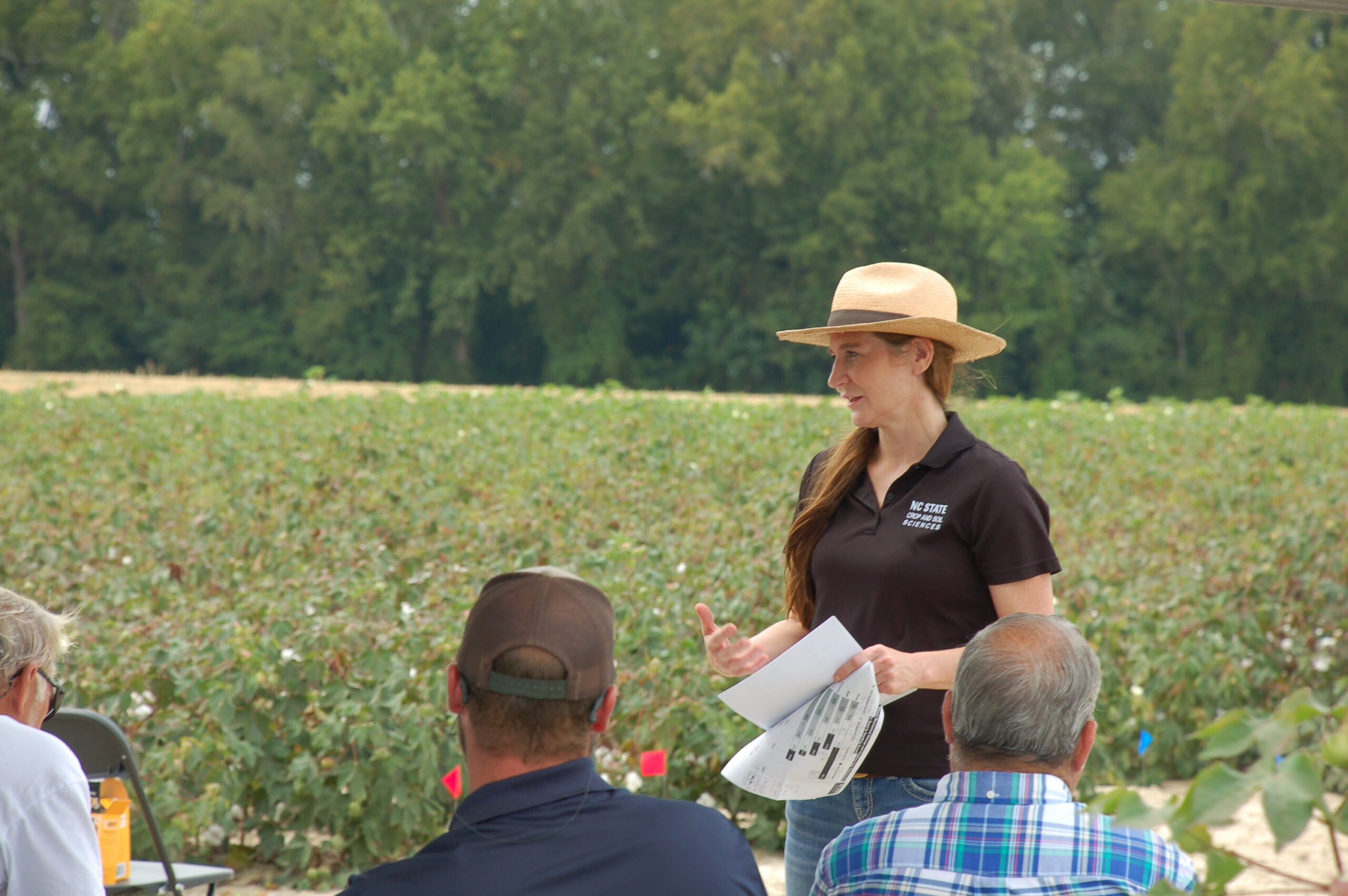 NC State's Lori Unruh-Snyder presents research at a cotton field day.