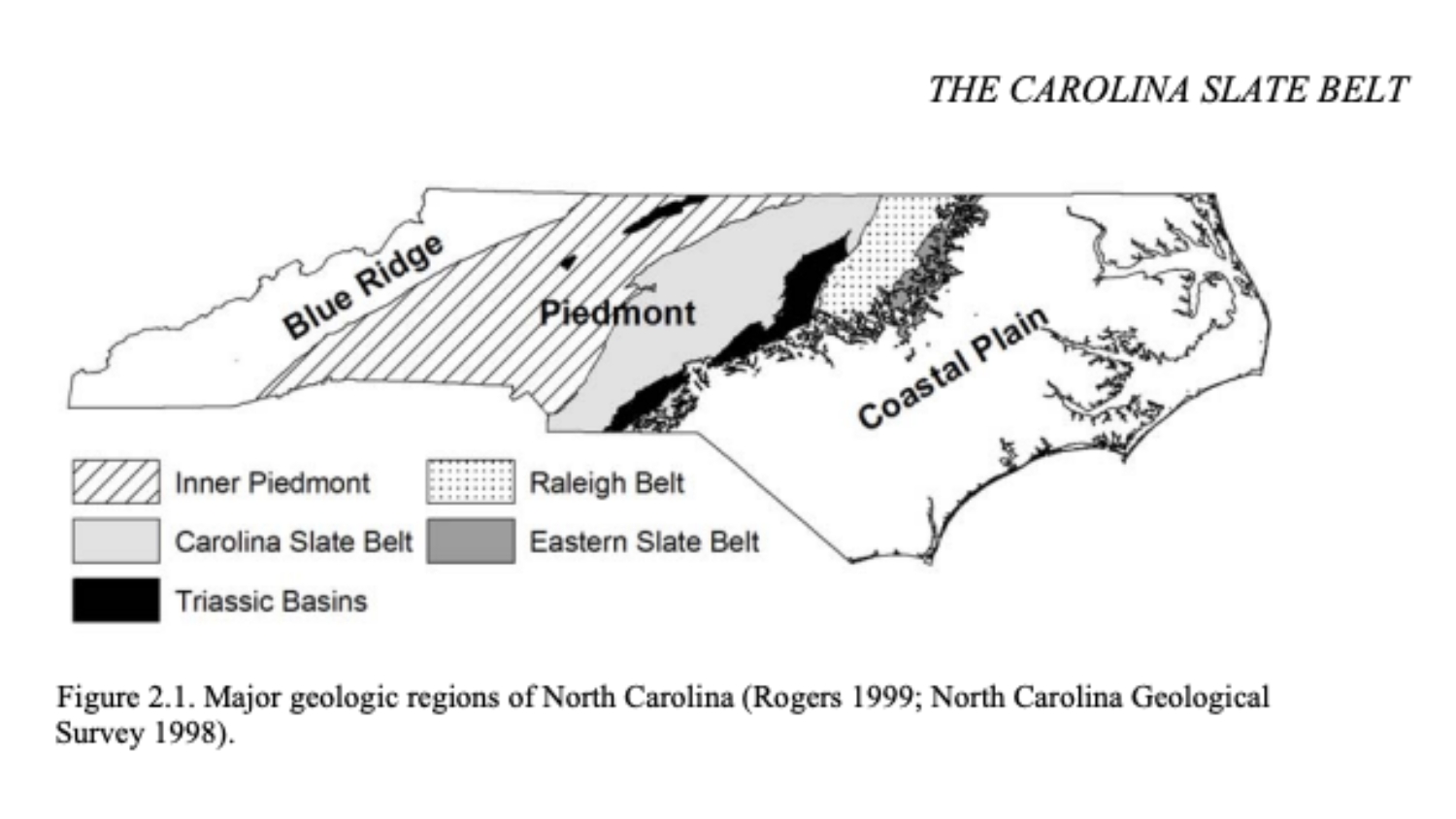 North Carolina map showing geologic belts across the state.