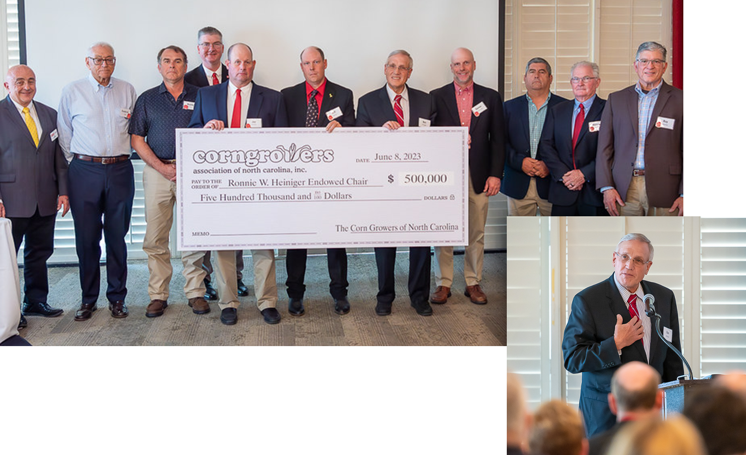 Corn Growers Association of North Carolina representatives present $500,000 check for the Ronnie Heiniger Distinguished Chair, and Ronnie Heineger speaking at the 2023 Kick-off Event