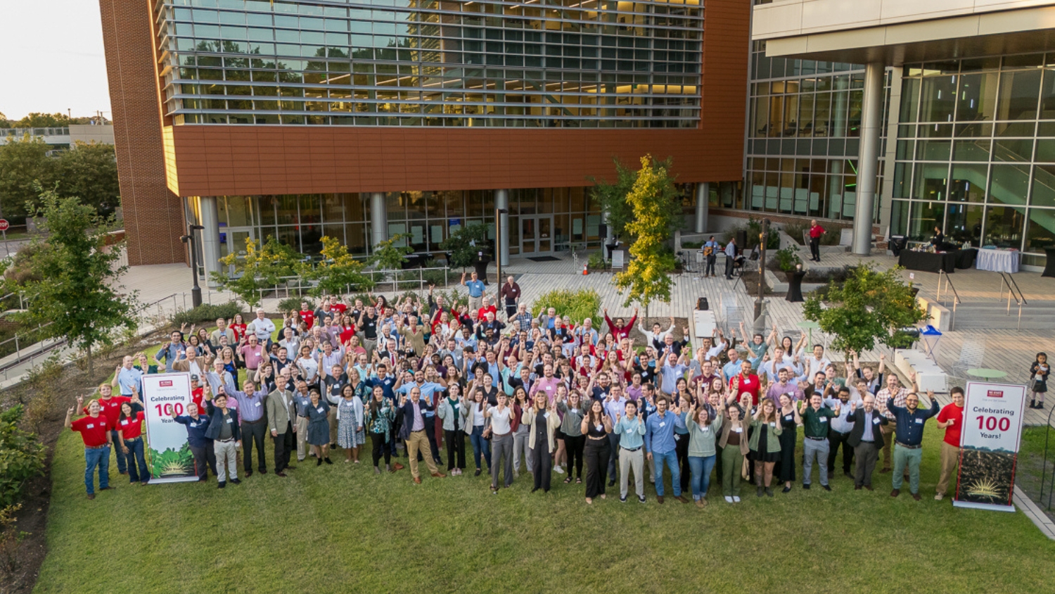 Crop and Soil Sciences 100th anniversary celebration attendees at the N.C. Plant Sciences Building.