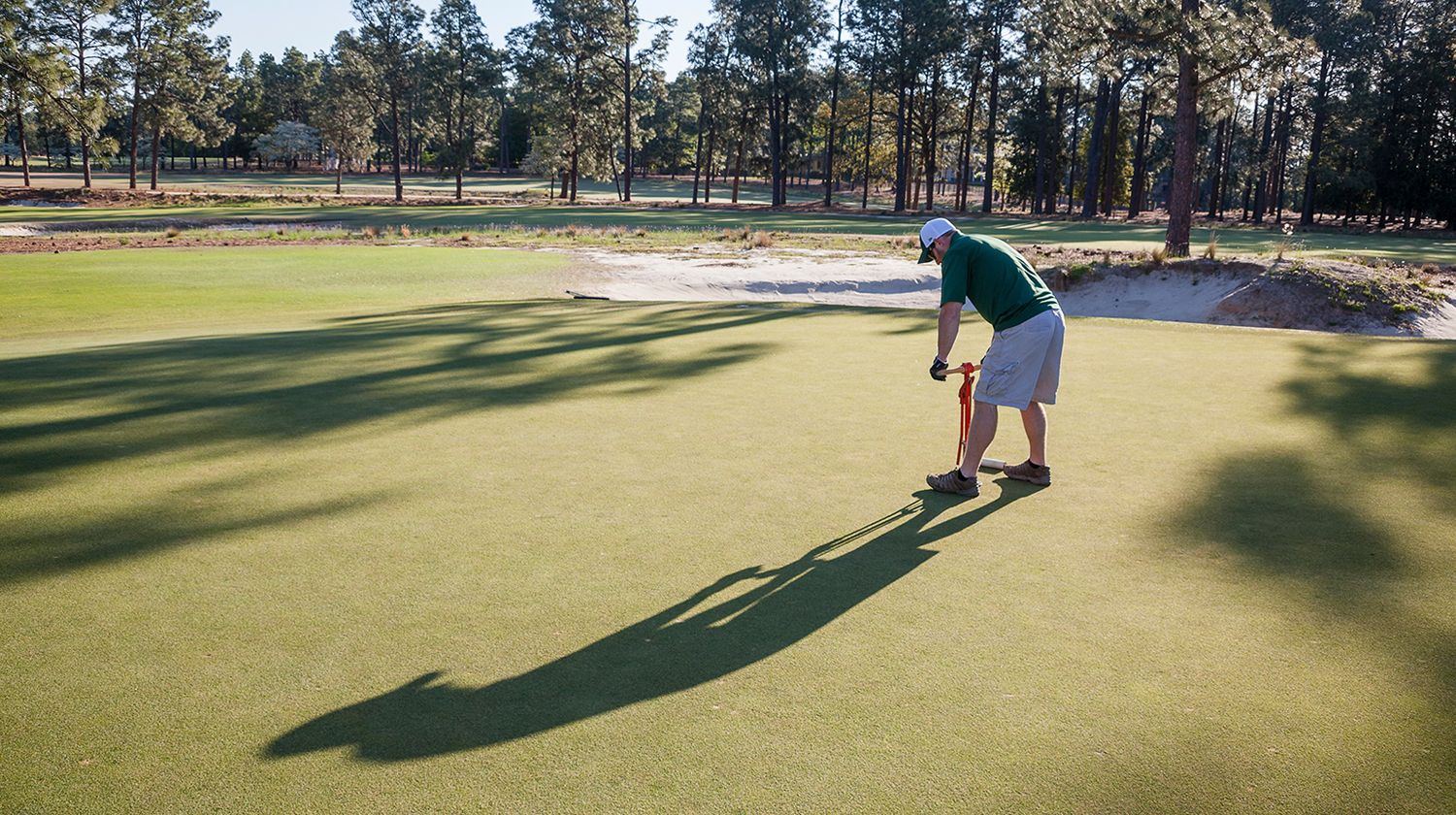 A golf course worker cuts a new hole on a putting green