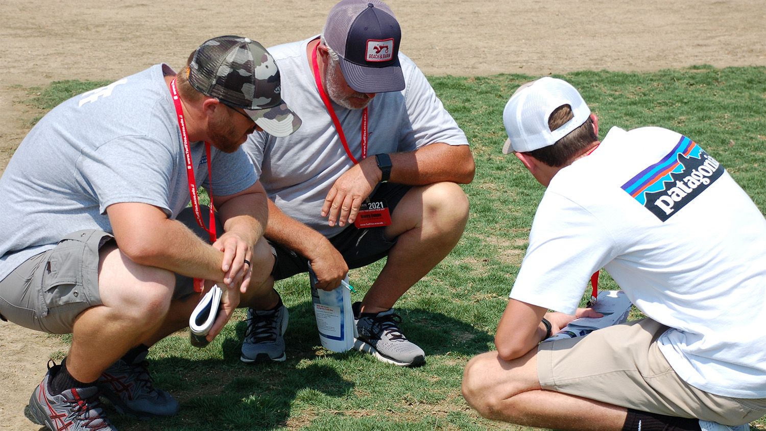 Three men crouch down to examine a test plot of sod