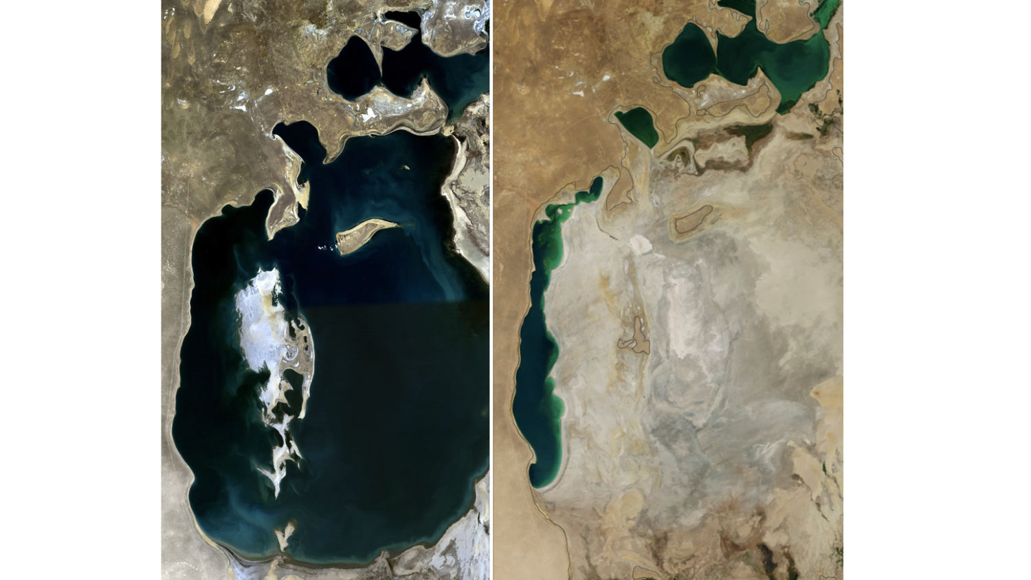 The dessication and shrinkage of the Aral Sea in Uzbekistant from 1989 to 2014