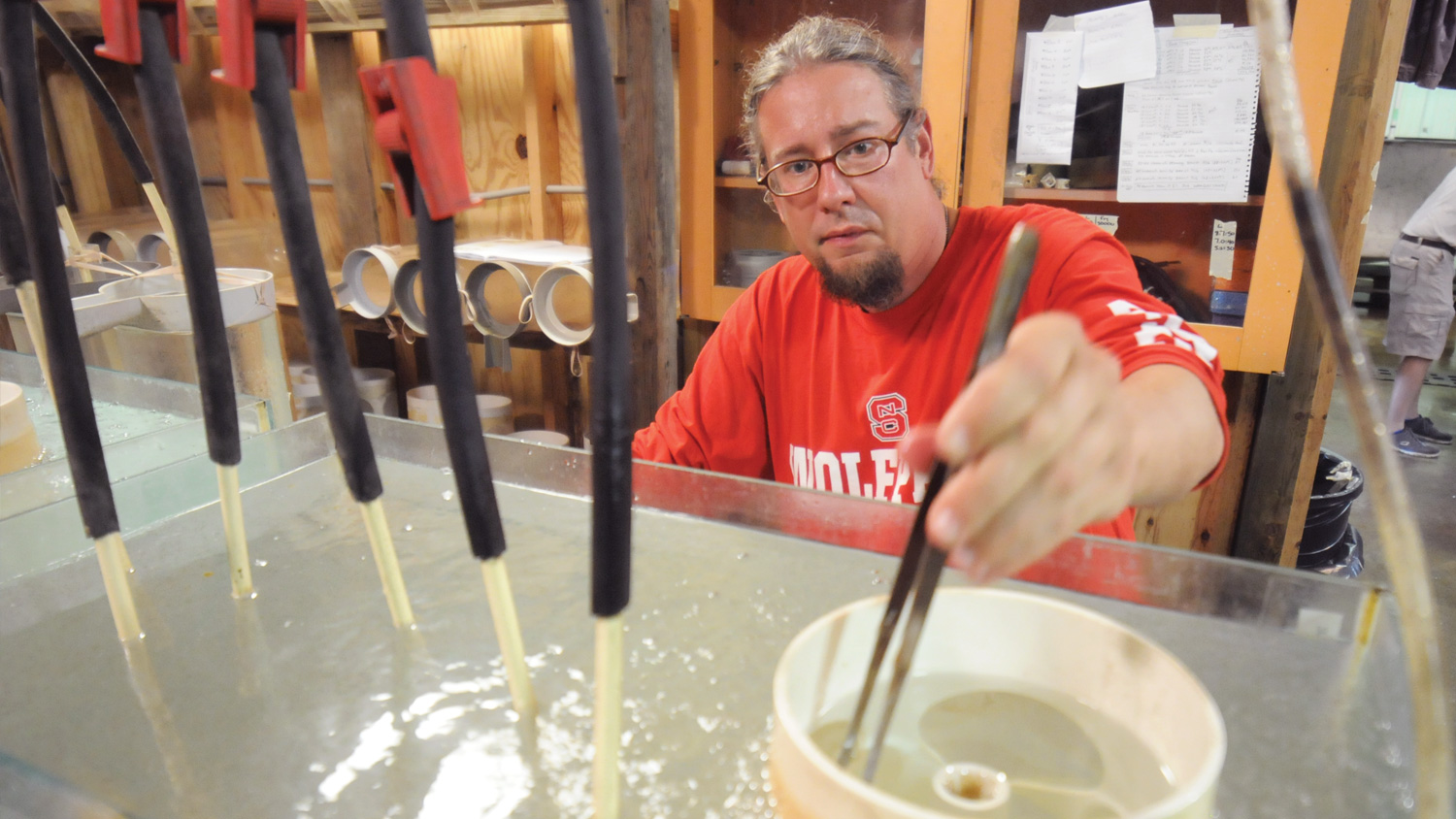 CALS researcher Dr. Benjamin Reading at NC State&#039;s Pamlico Aquaculture Field Lab in Aurora, N.C.