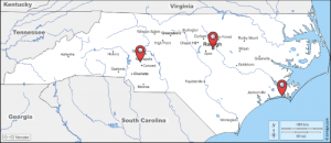Map of North Carolina highlighting Raleigh, Morehead City, and Burlington
