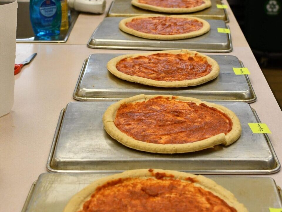 pizzas on sample trays