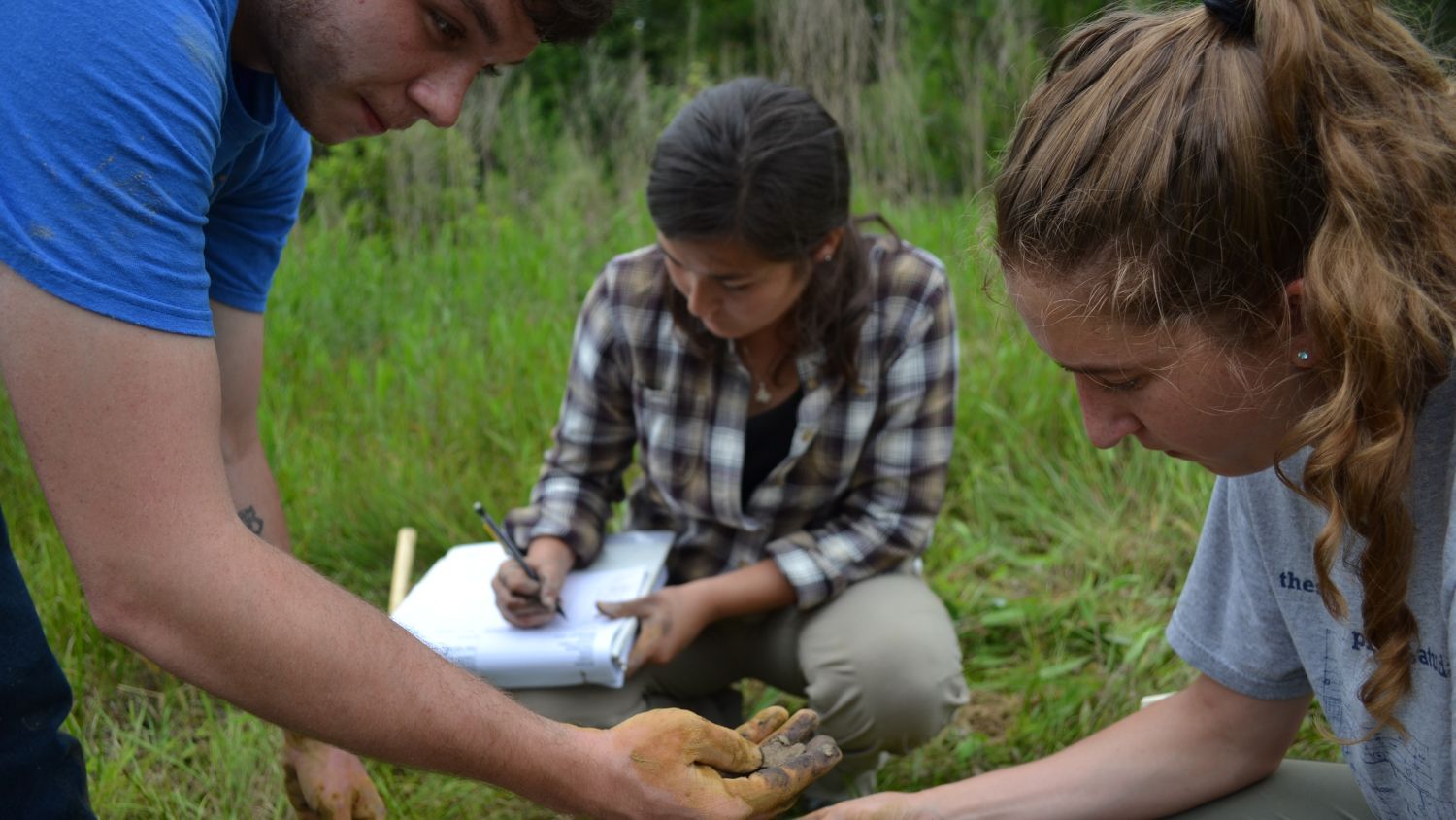 Three NC State College of Agriculture and Life Sciences students analyze soil in the field.