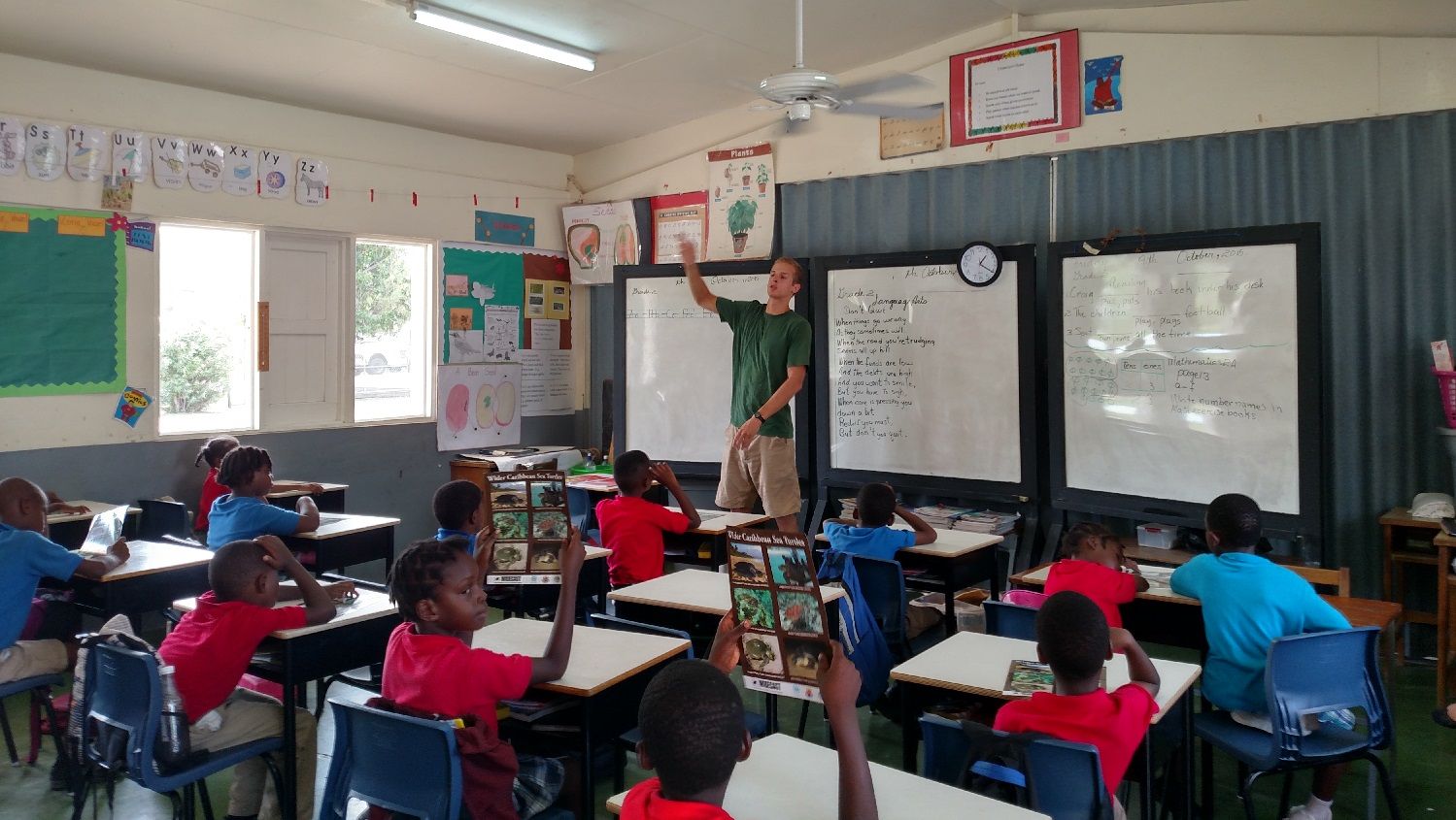 Discussing marine conservation at a primary school in Antigua.