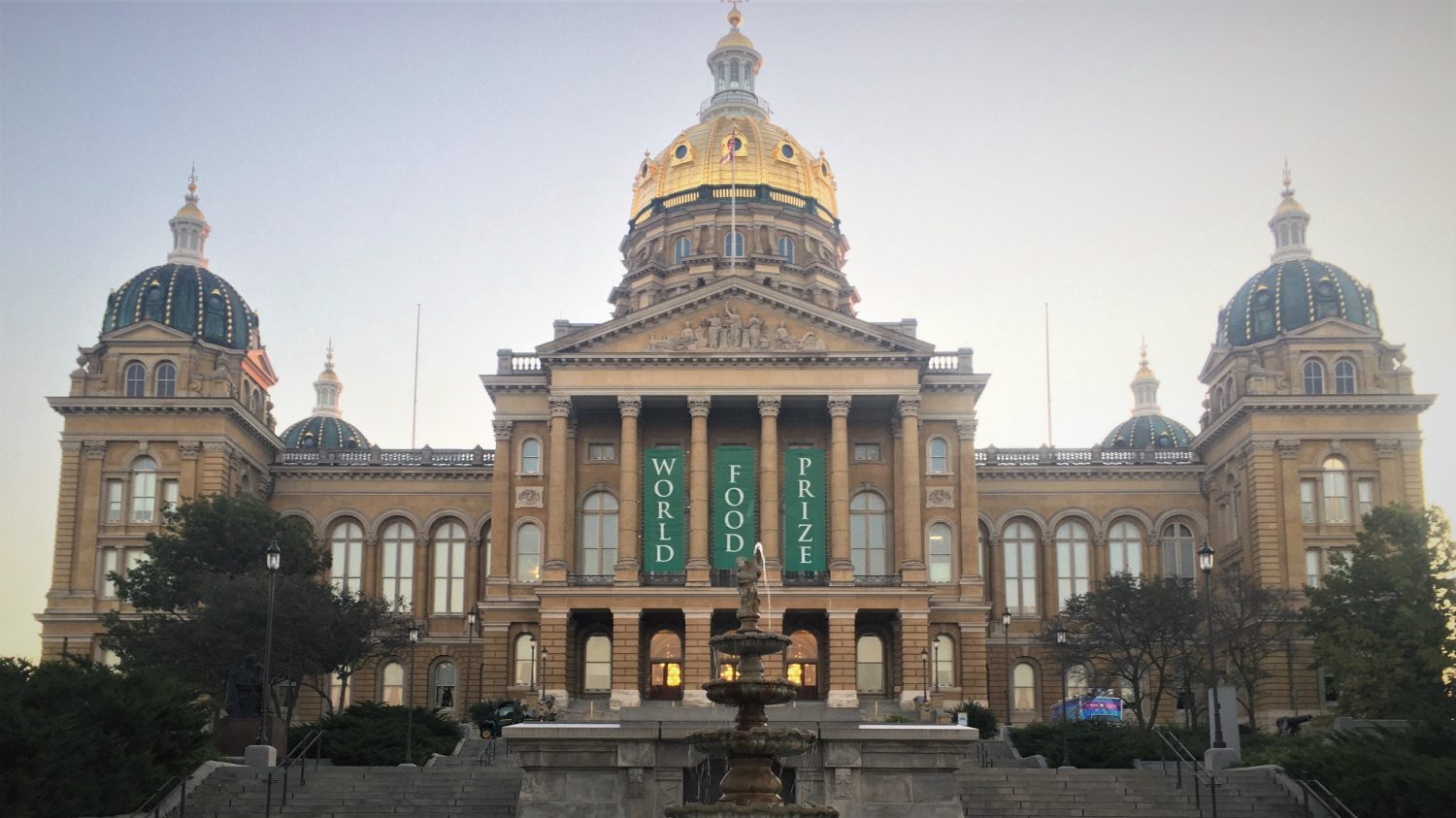 Iowa State Capitol building with World Food Prize banners in Des Moines, Iowa