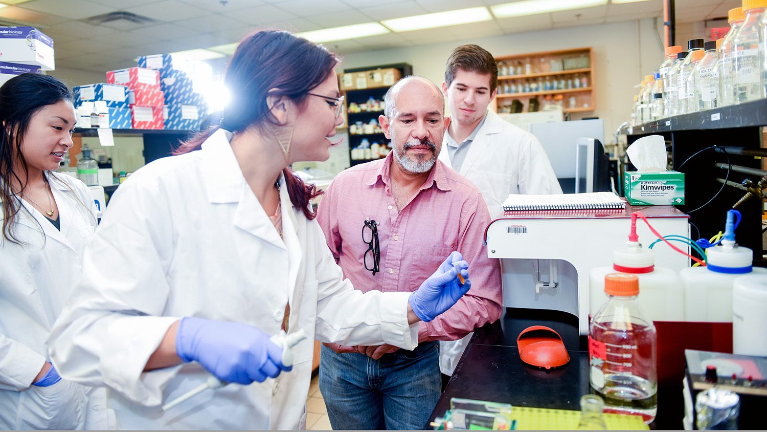 faculty and students working in lab