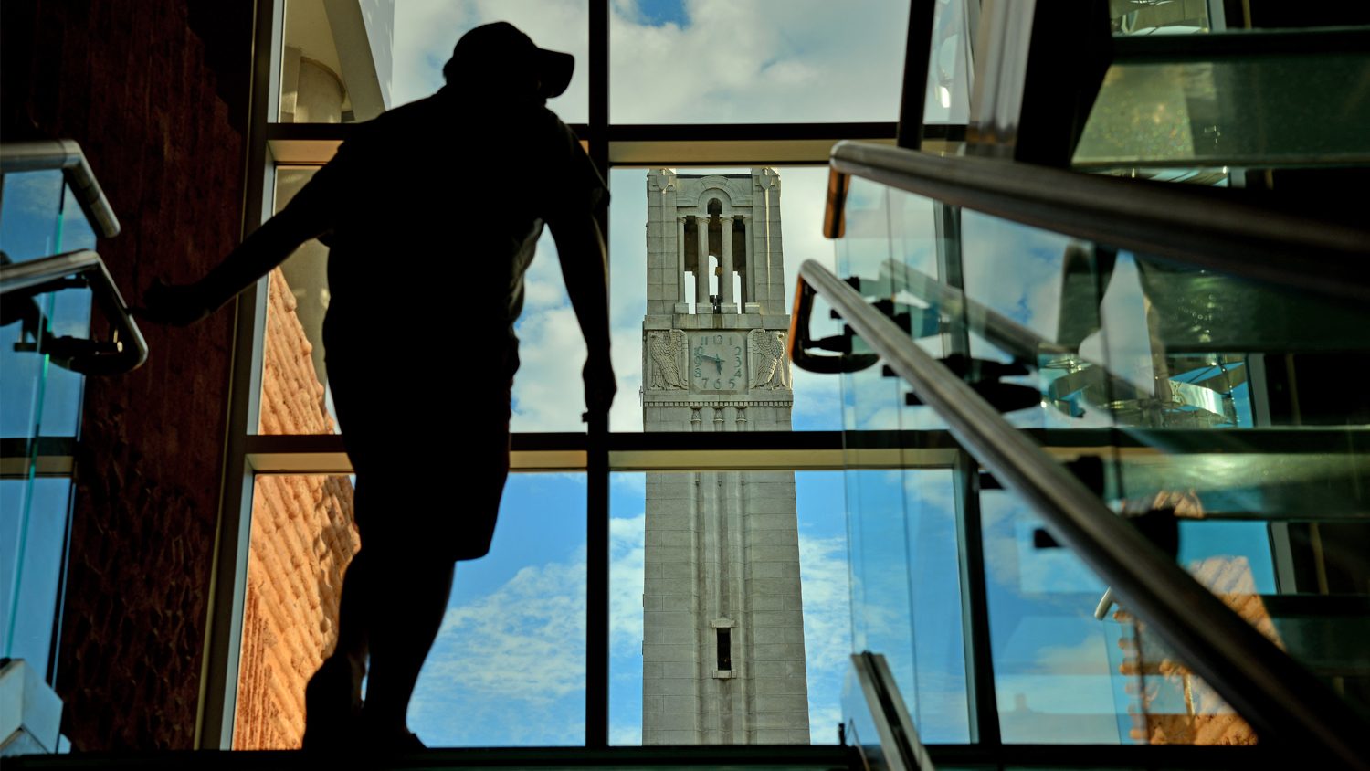 Belltower as seen through the stairwell window at the aloft hotel on Hillsborough Street.