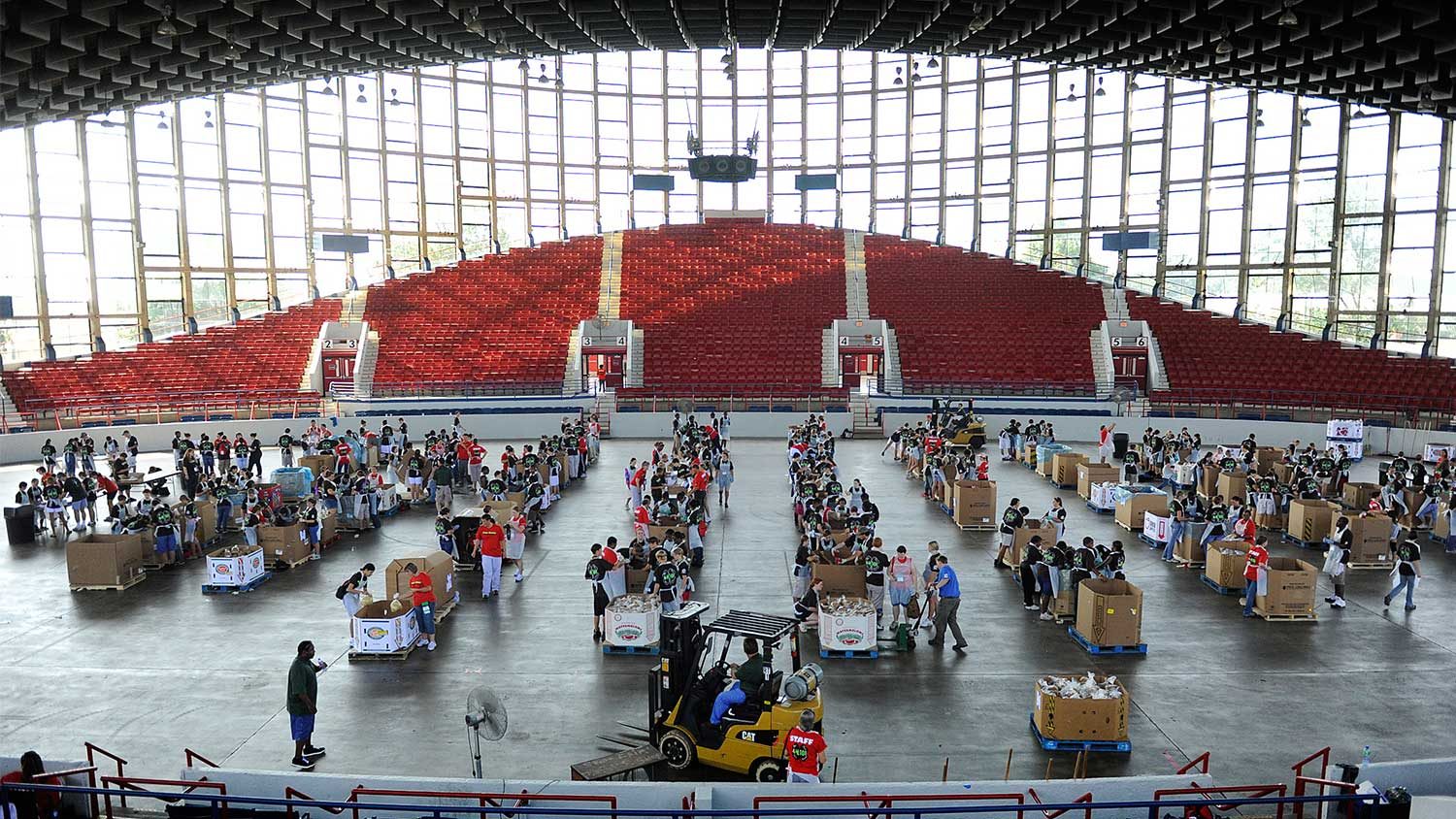 Large arena filled with food collection bins