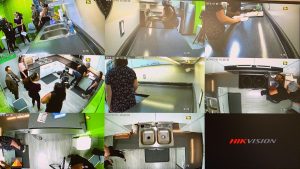 video monitor of activities in test kitchen