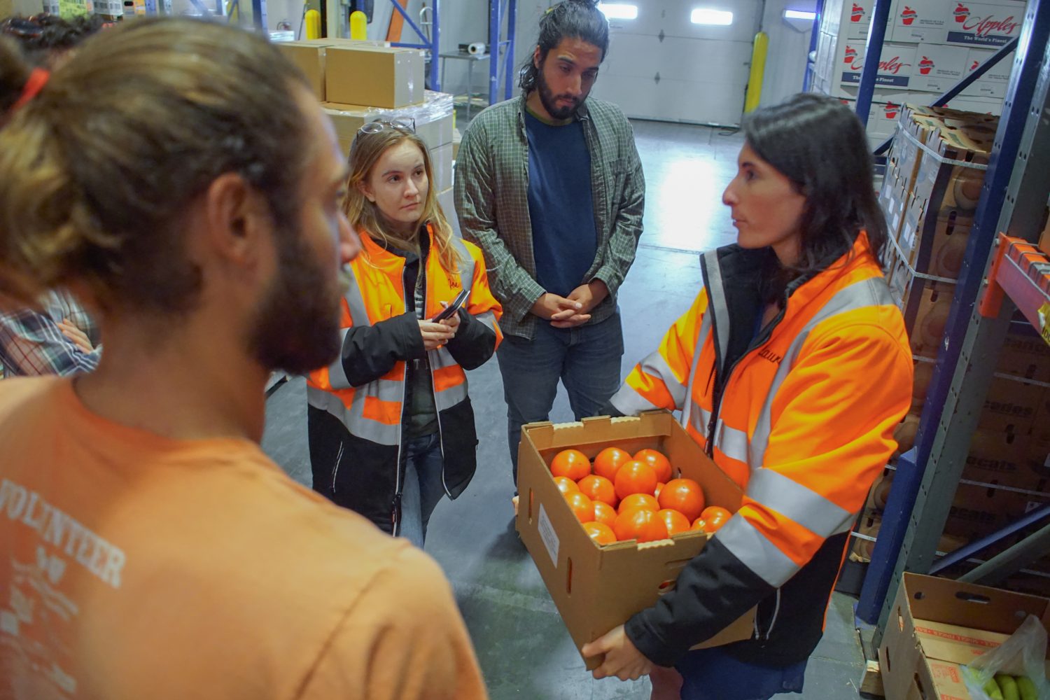 Group of people in an apple packing plant