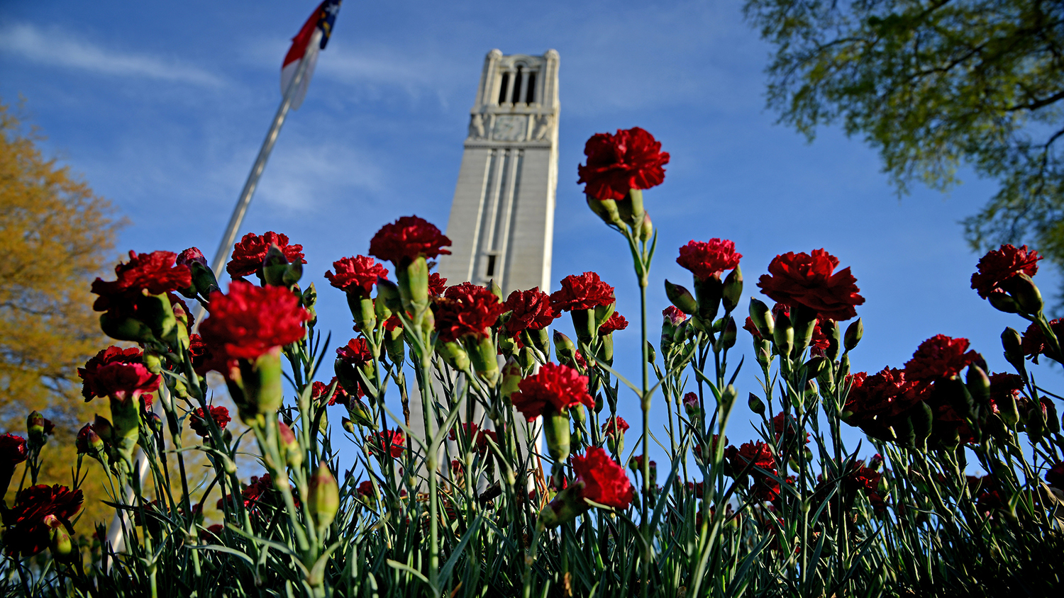 Memorial Belltower and spring flowers.