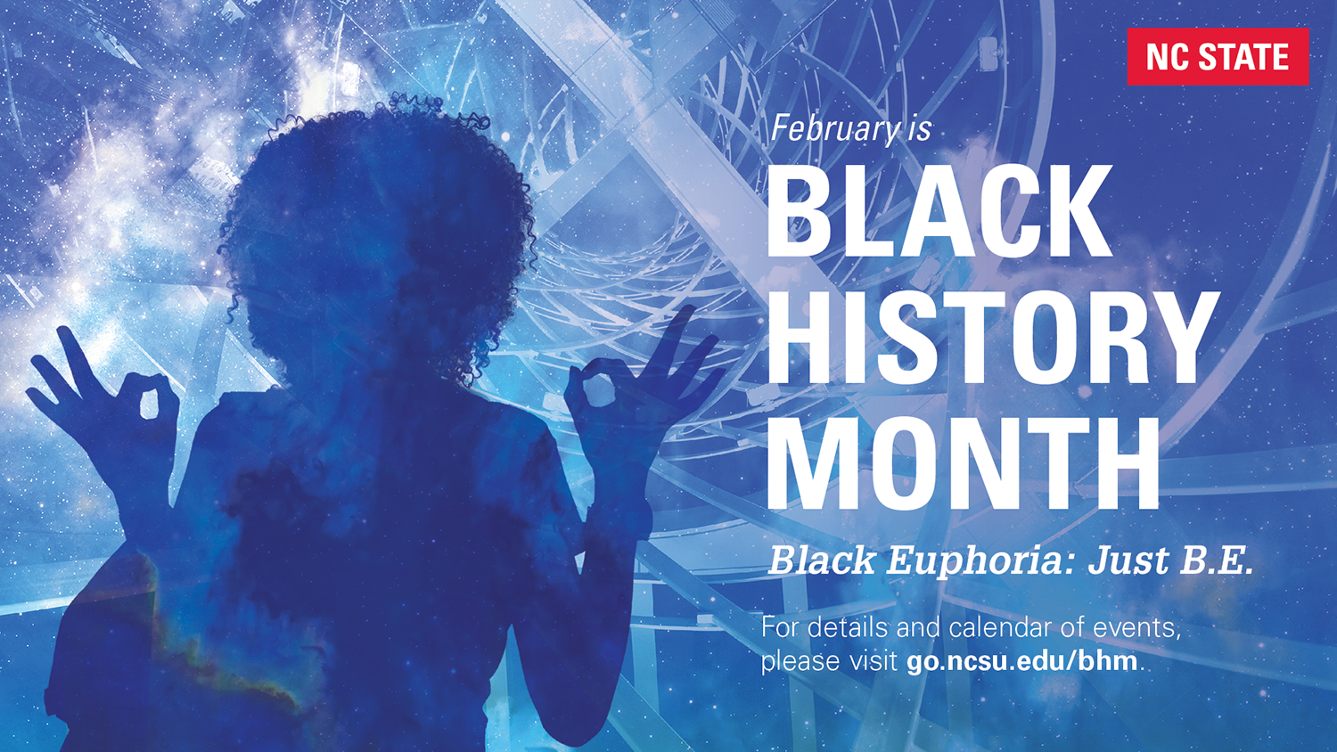 Black History Month billboard Black Euphoria: B.E. For details and calendar of events, please visit go.ncsu.edu/bhm