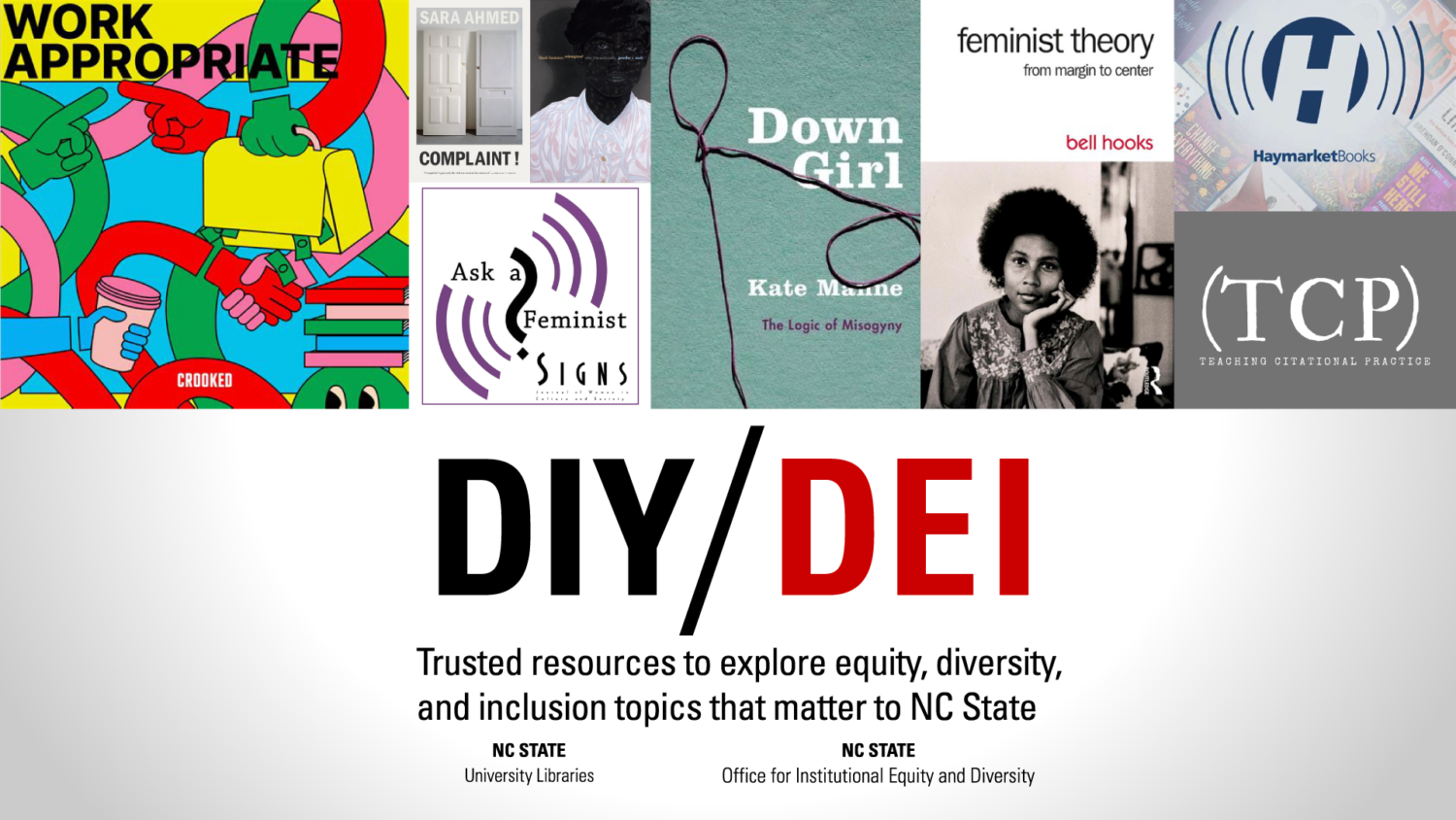 DIY/DEI resource list collage of book covers about women and equity.