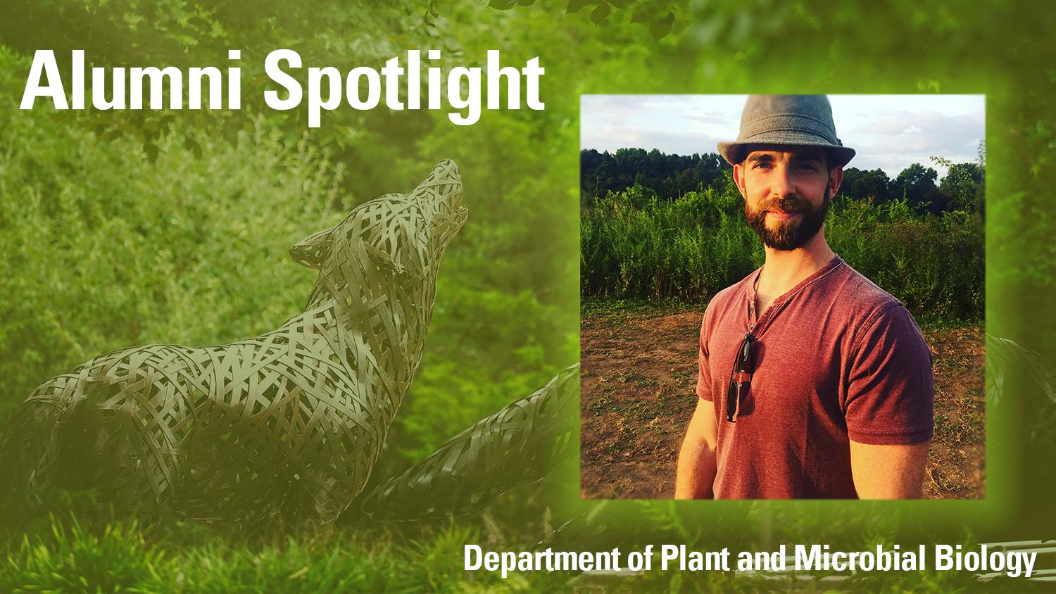 Picture of Nick with NCSU wolf backdrop - says "Alumni Spotlight" and "Department of Plant and Microbial Biology"