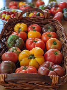 A variety of tomatoes in a basket