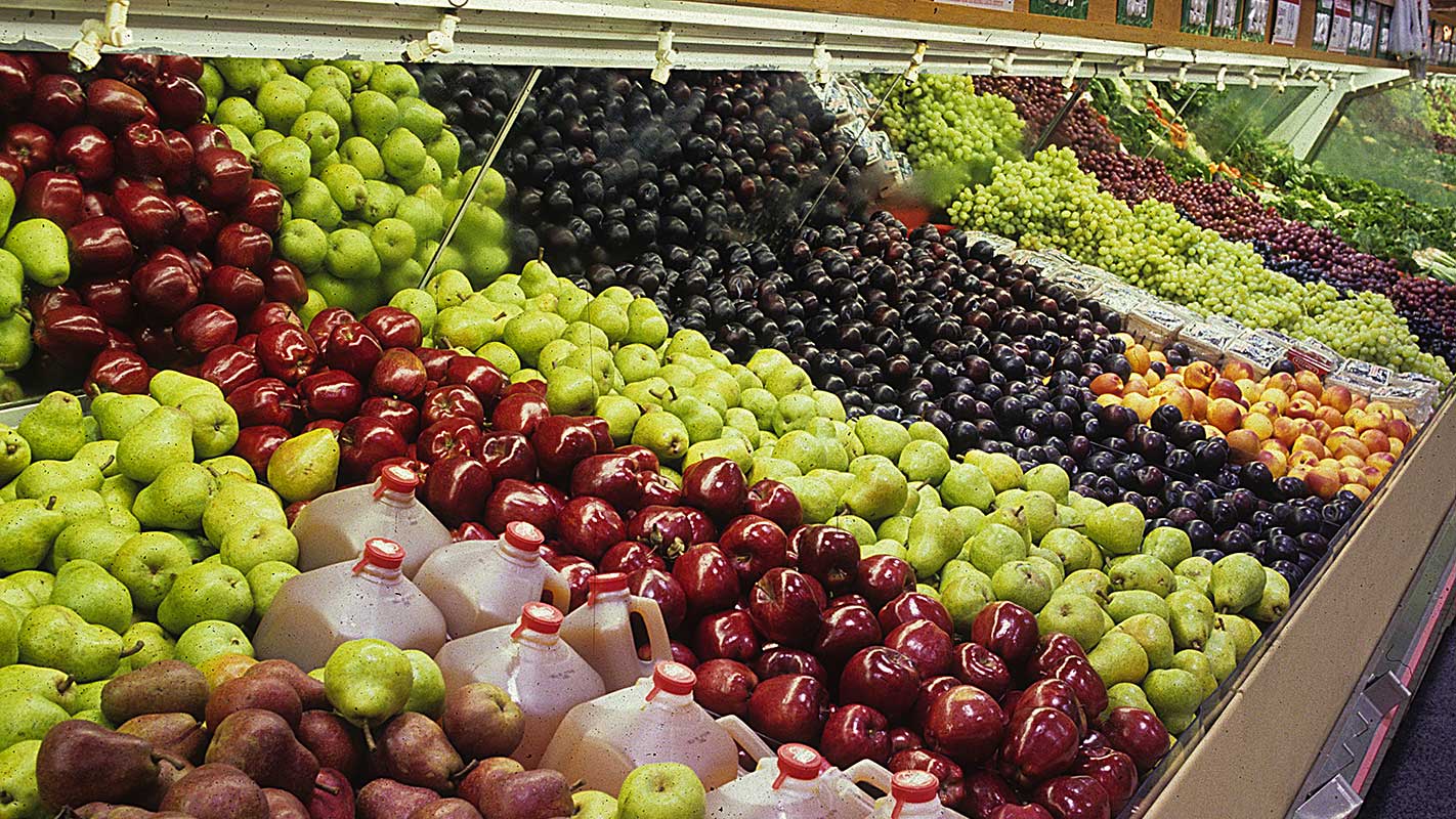 Fruits in the produce section of a grocery store.