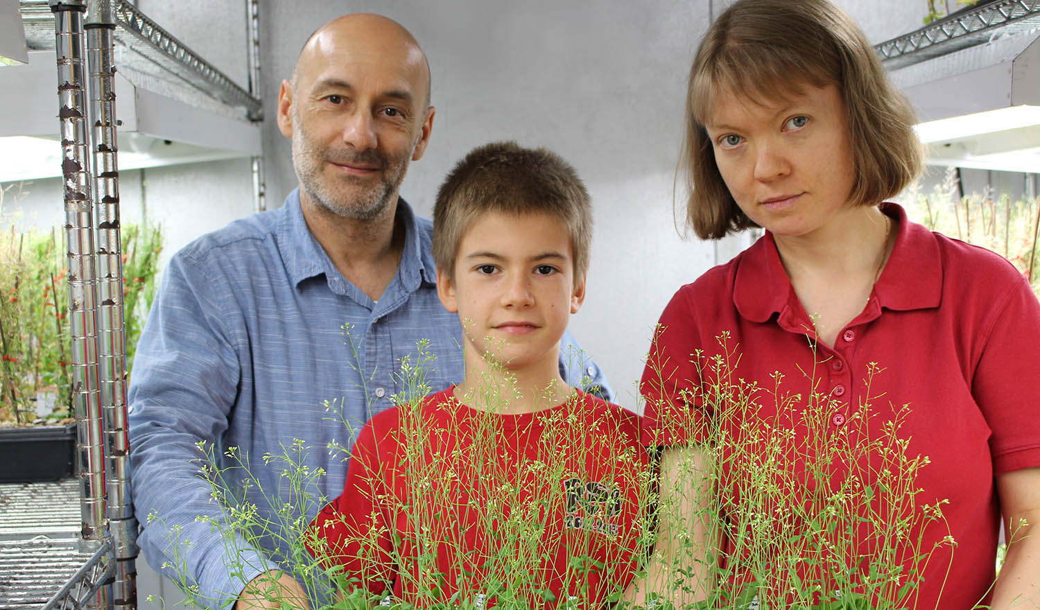 Antonio (center) with his parents Jose Alonso and Anna Stepanova of the Department of Plant and Microbial Biology.