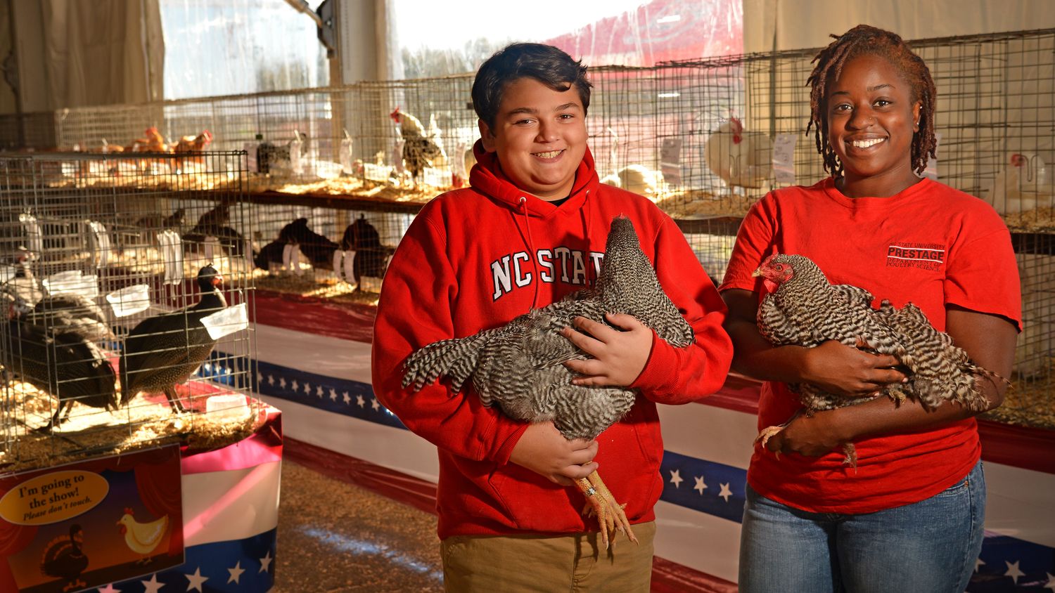 4-H high school student and a Prestage Department of Poultry Science student with chickens at the North Carolina State Fair.