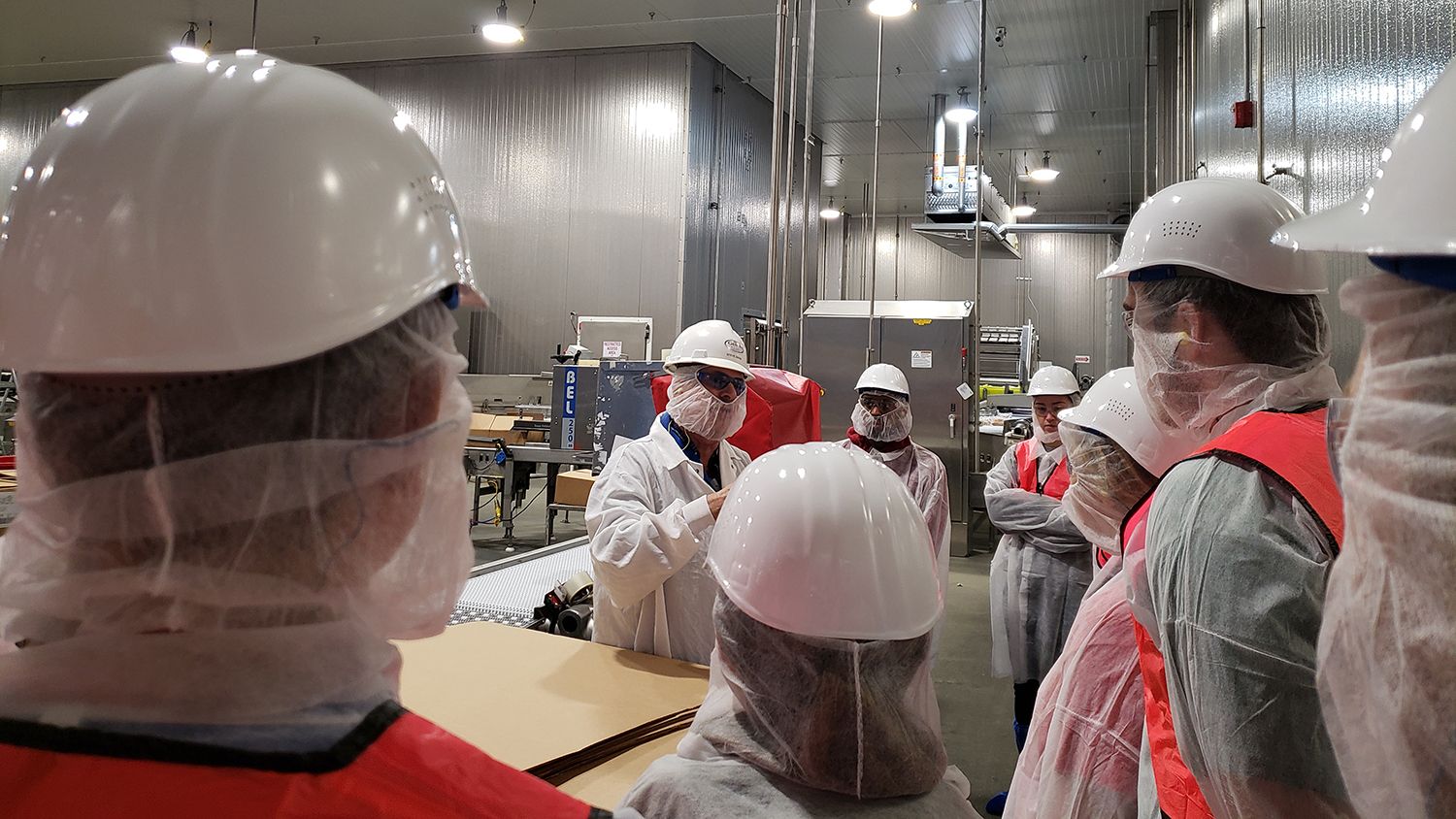 students in health and safety gear listen to a guide in a poultry processing plant