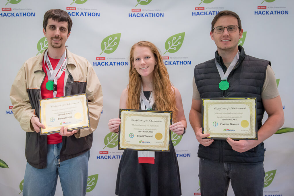 PSI Hackathon participants holding their second place awards