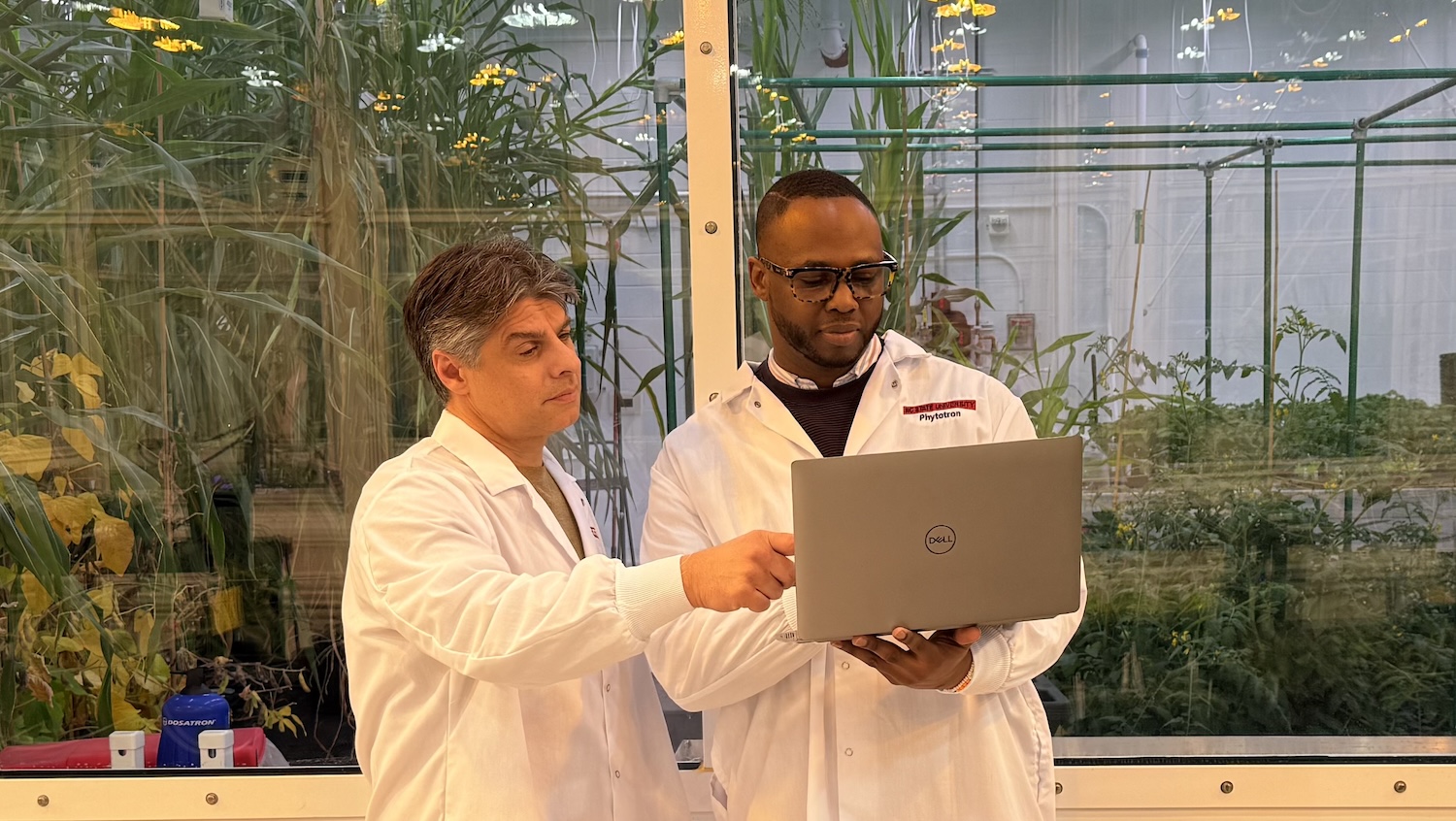 Jevon Smith and Joe Chiera look at a computer in a greenhouse.