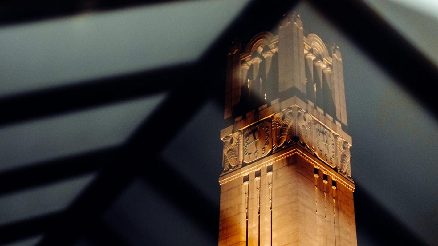 NC State Belltower through window