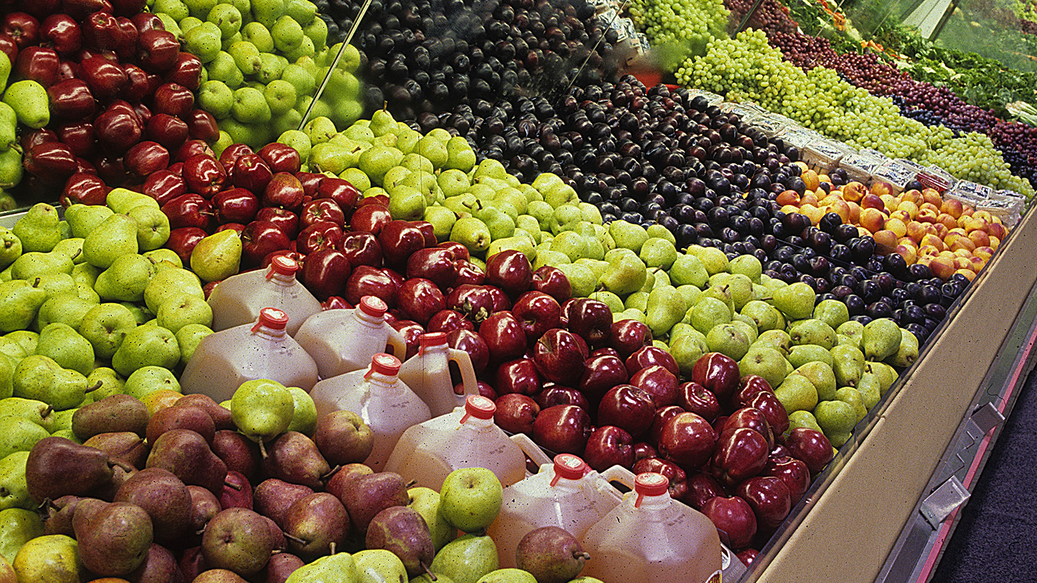 Grocery store produce section with appleas, cider, plums and more.
