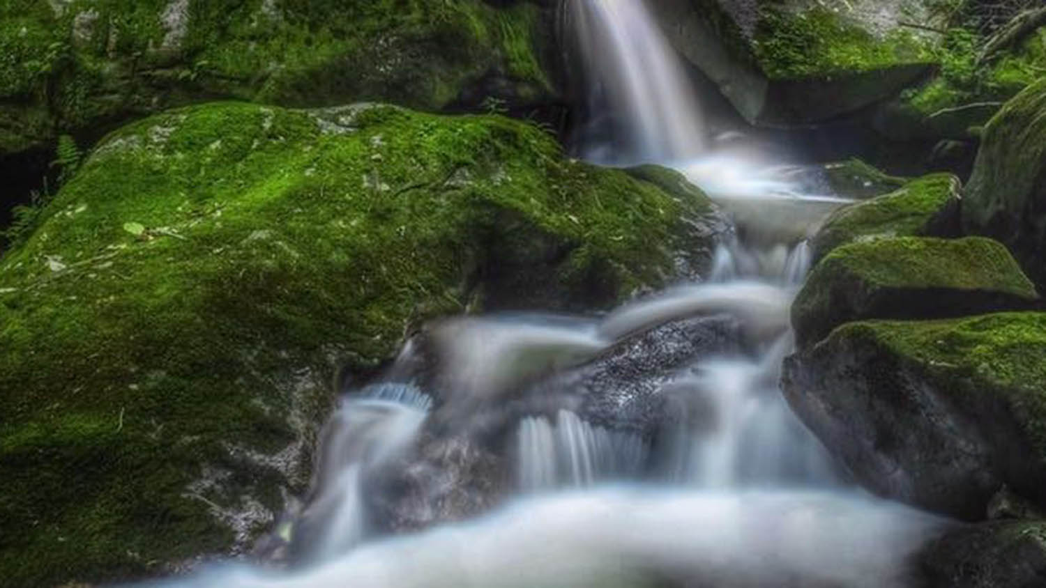 Photo of waterfall flowing over moss-covered rocks