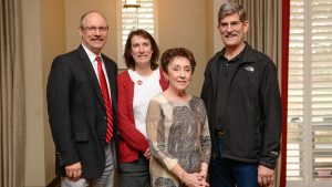 Dr. Wayne Buehler, interim head of the NC State Department of Horticultural Science; Dr. Sylvia Blankenship, CALS associate dean for administration and professor of horticultural science; Genia Bone; and Dr. Todd Wehner, professor of horticultural science, gather at the endowment-signing event. 