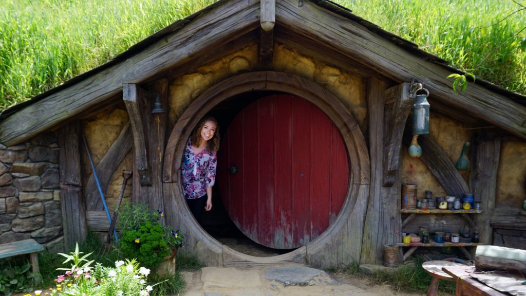 CALS senior Christina Harvey in a hobbit house on a study abroad trip to New Zealand.