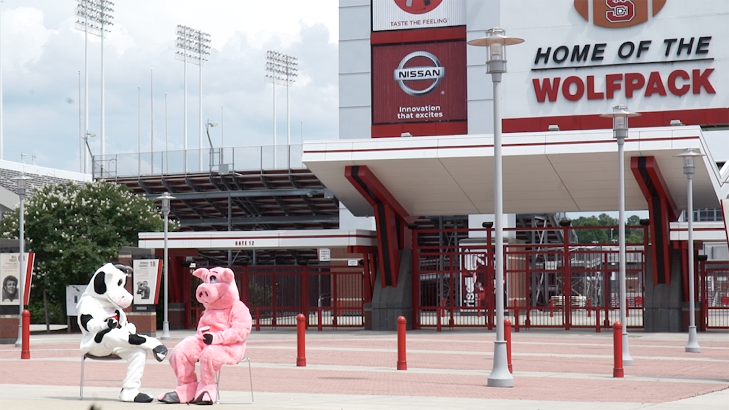 Cow and pig mascots in front of Carter-Finley Stadium